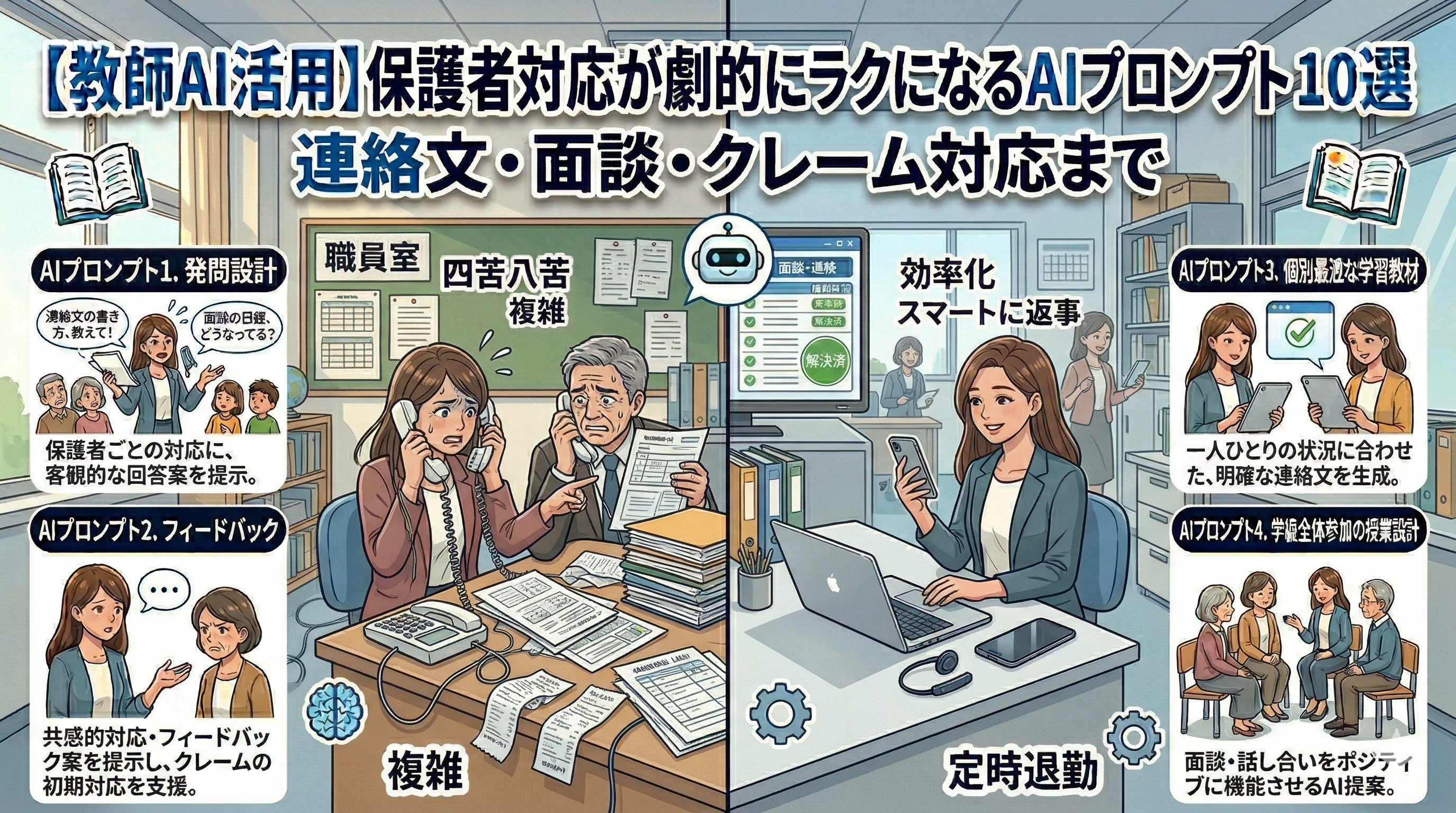 【教師AI活用】保護者対応が劇的にラクになるAIプロンプト10選｜連絡文・面談・クレーム対応まで