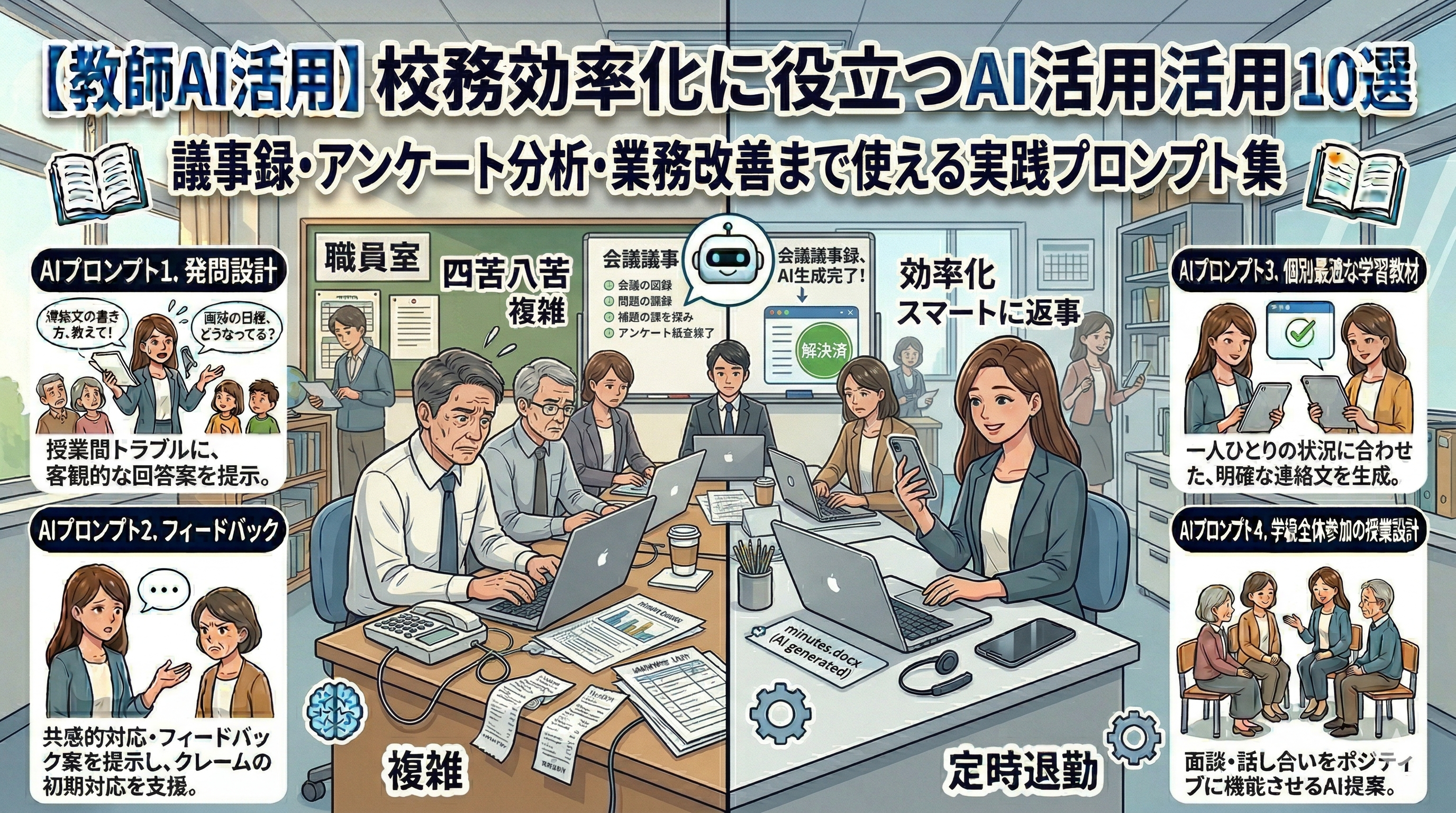 【教師AI活用】校務効率化に役立つAI活用10選｜議事録・アンケート分析・業務改善まで使える実践プロンプト集