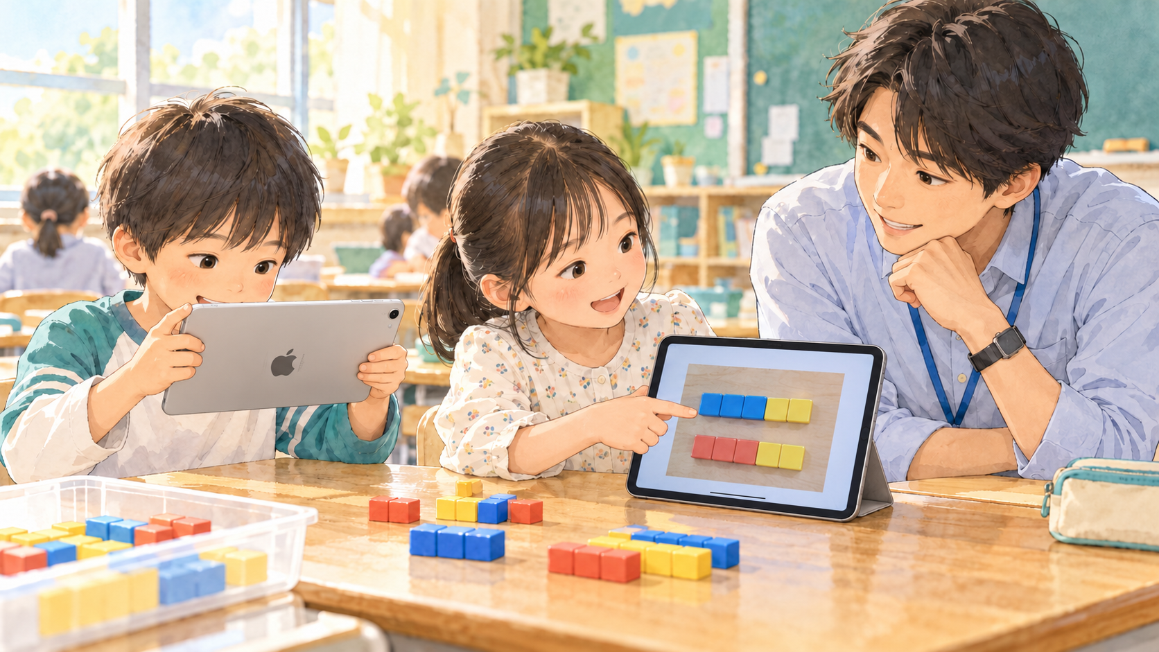 iPadで算数ブロックを撮影し、画面の写真を指さして考えを説明する児童と、話を聞く教師のAI生成イラスト