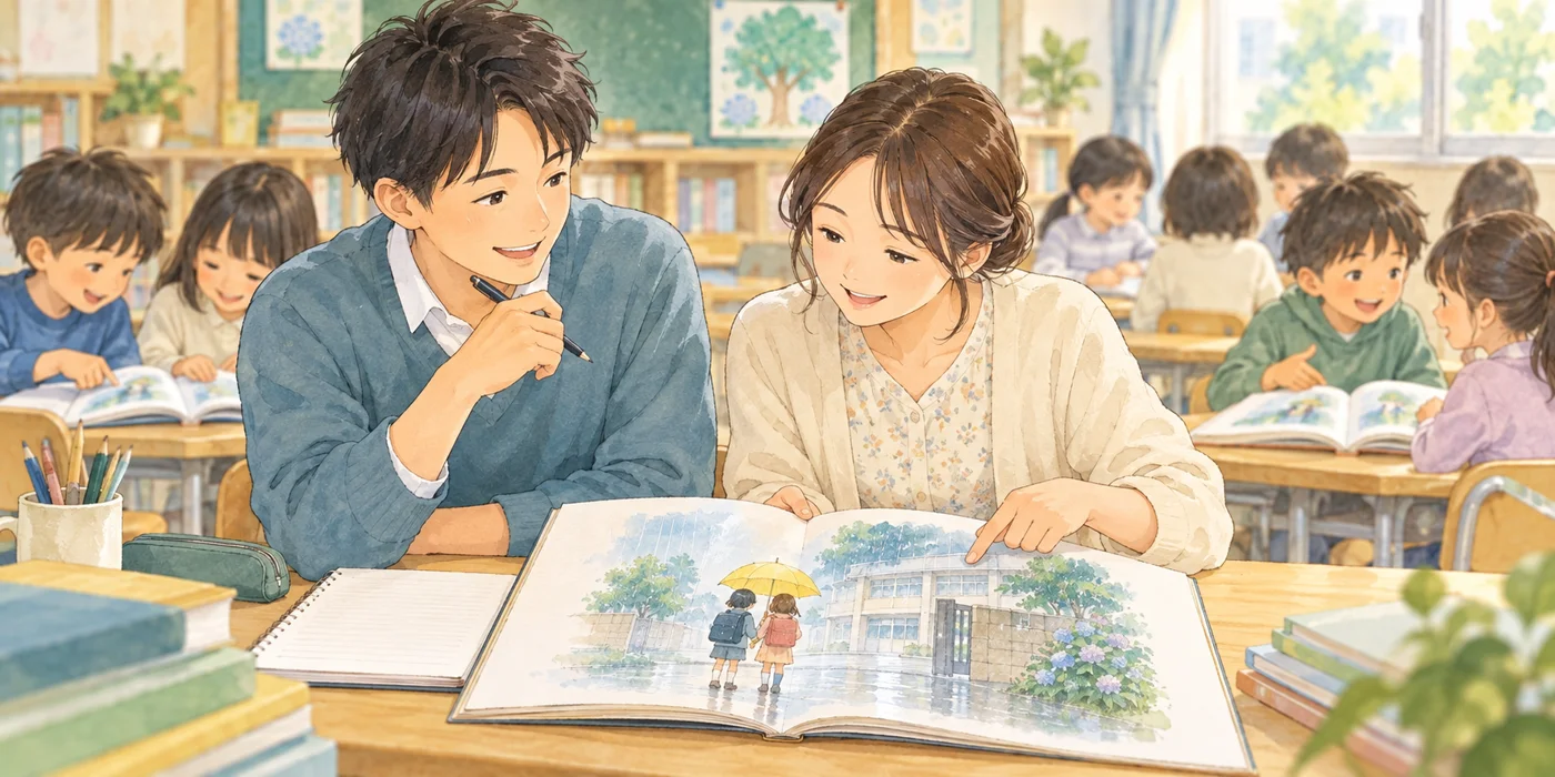 先生が国語の授業を準備し、子どもたちが本文を指しながら考えを伝え合う説明用イラスト