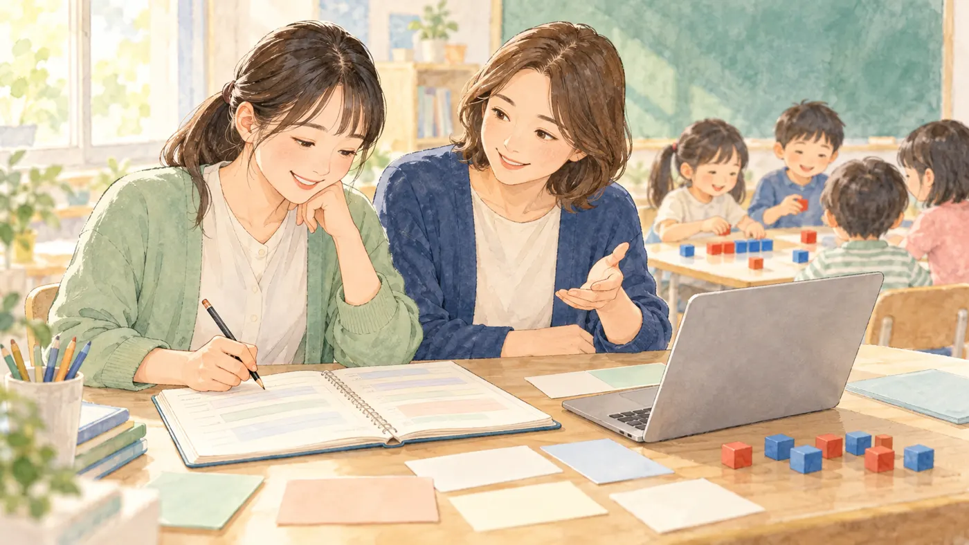 初任の先生が同僚と指導案を考え、子どもの学びを思い浮かべるオリジナルイラスト
