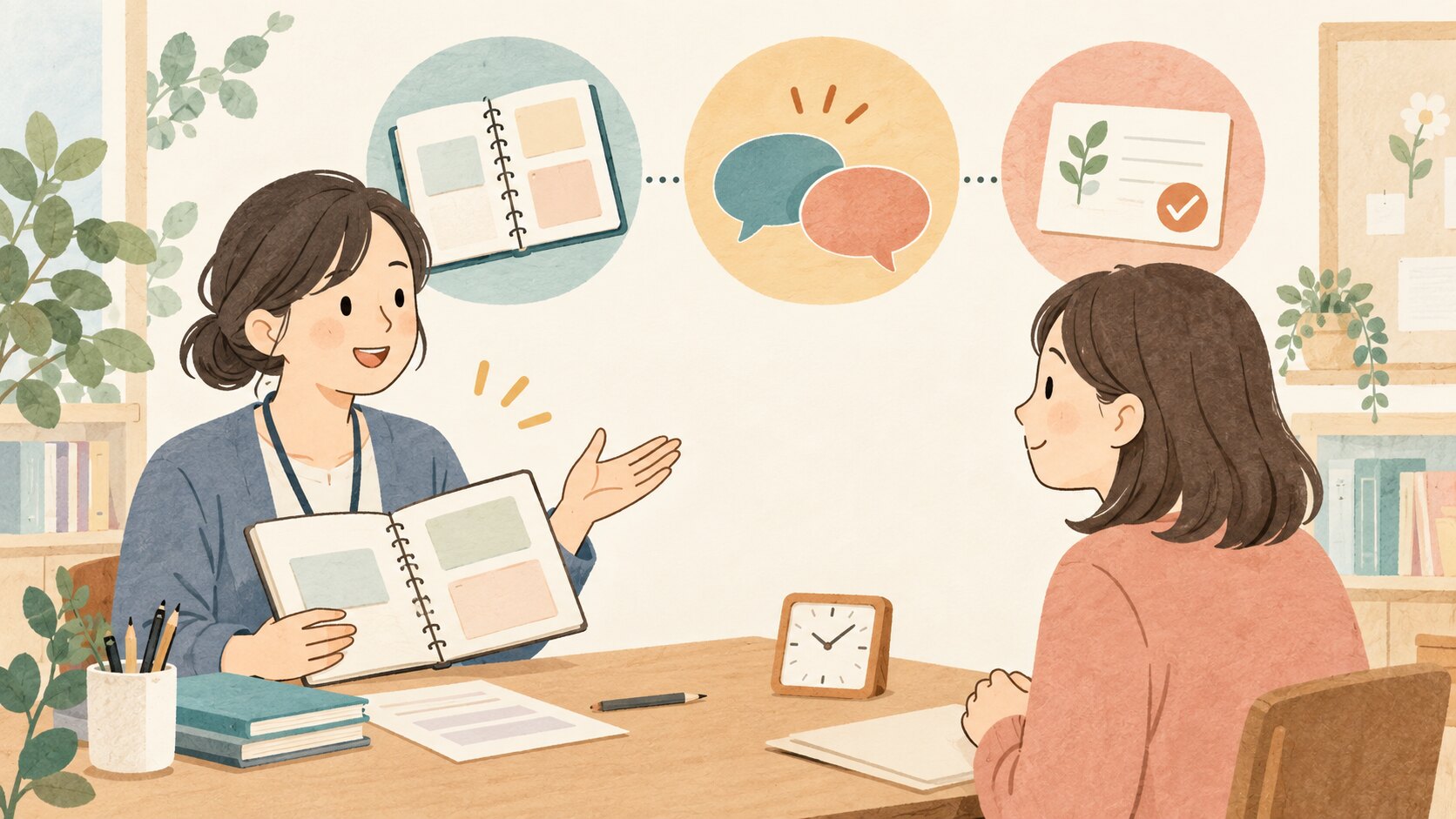 教師と保護者が記録を見ながら話し合う個人面談のイラスト