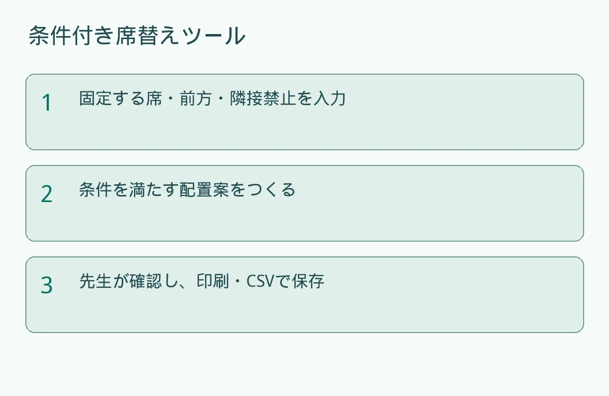 無料の席替えツール|固定席・前方配置・隣接条件をサイト内で設定の作業手順を示す説明図